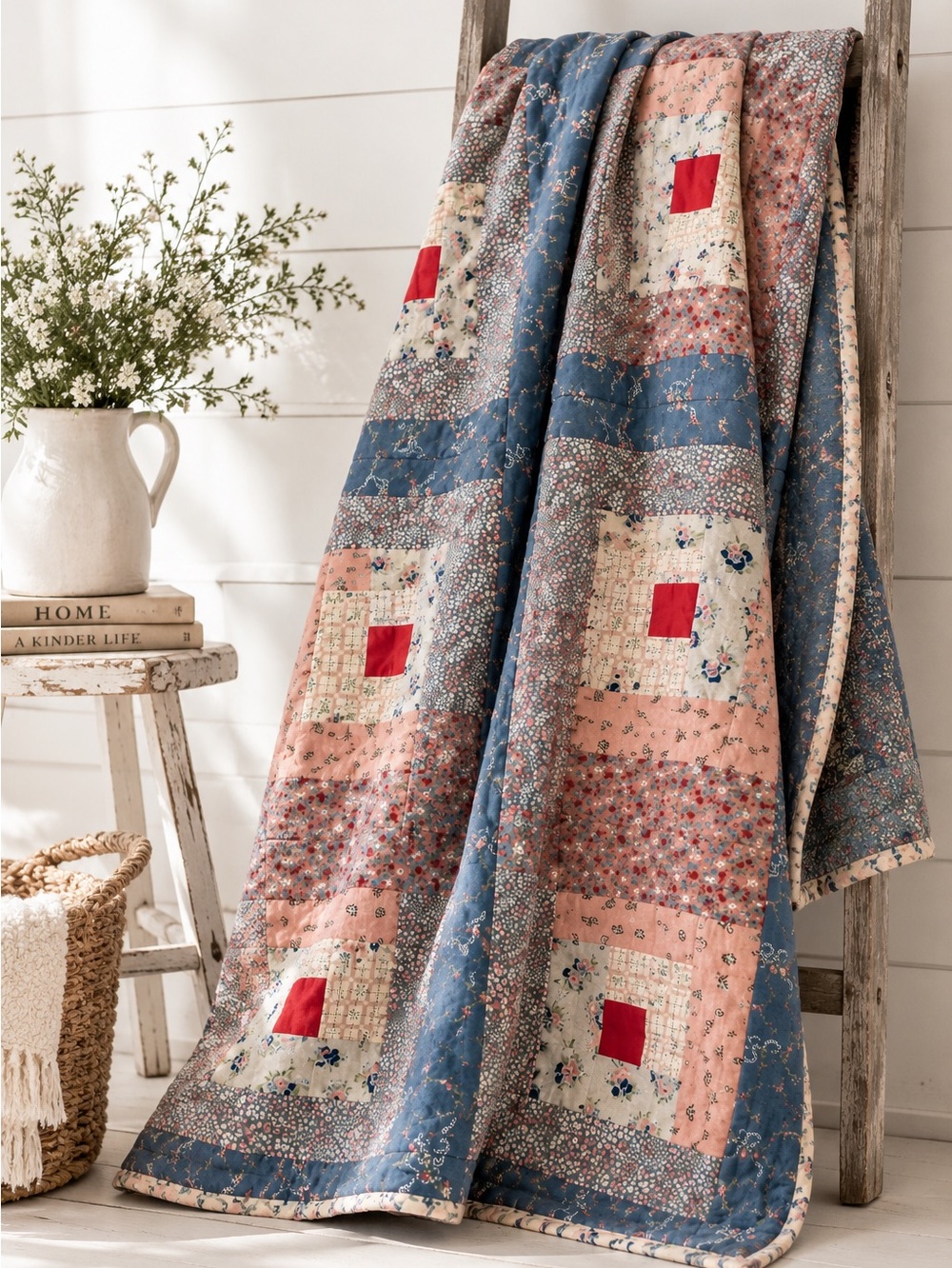 “Vintage 1980s Handmade Log Cabin Calico Patchwork Cotton Coverlet 66x54
